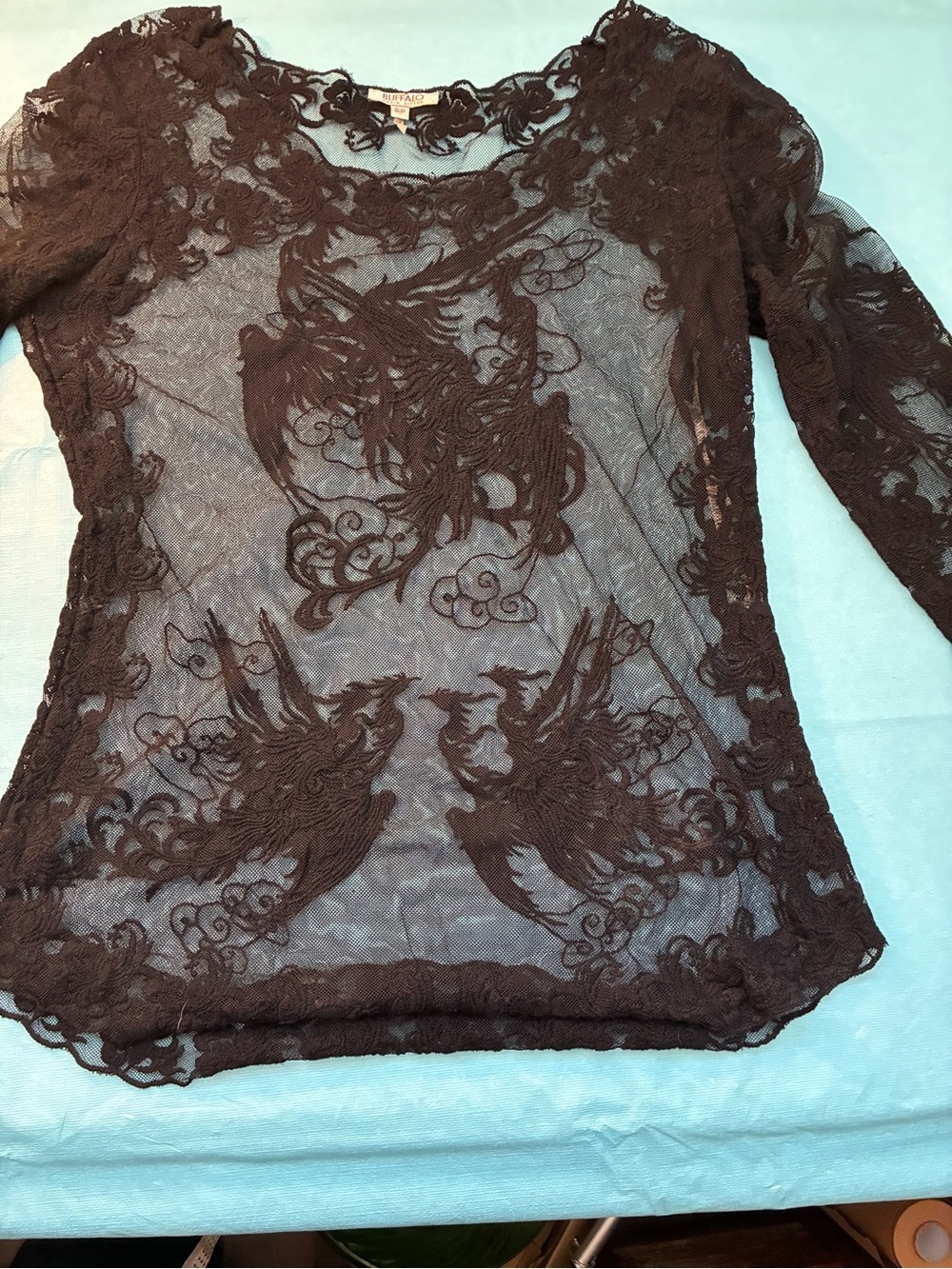 Buffalo David Bitton Black Sheer Lace Top With Bird/Floral Design Size Small - Picture 4 of 5